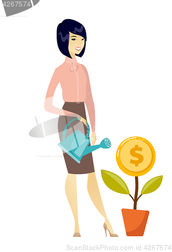 Image of Woman watering money flower vector illustration.