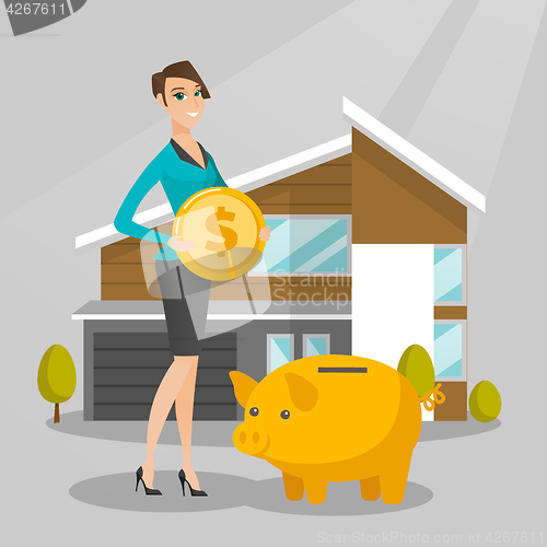 Image of Woman saving money in piggy bank for buying house.