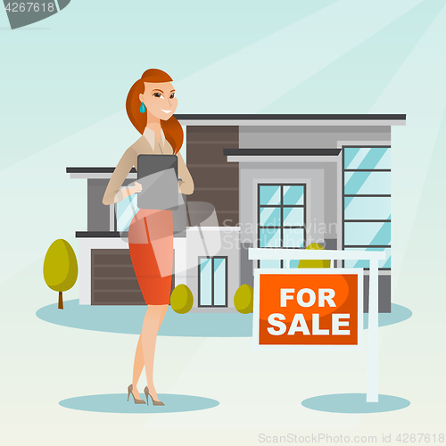 Image of Real estate agent signing home purchase contract.