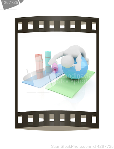 Image of 3d man on a karemat with fitness ball. 3D illustration. The film