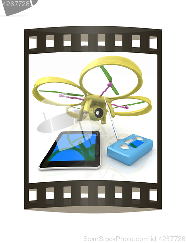 Image of Drone, remote controller and tablet PC. The film strip