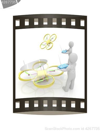 Image of 3d man with drone, quadrocopter, with photo camera. 3d render. 3
