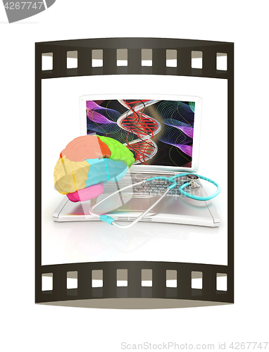 Image of Laptop, brain and Stethoscope. 3d illustration. The film strip