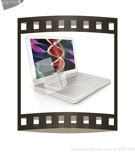 Image of Laptop with dna medical model background on laptop screen. 3d il