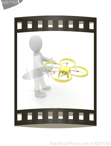 Image of 3d man with drone, quadrocopter, with photo camera. 3d render. 3