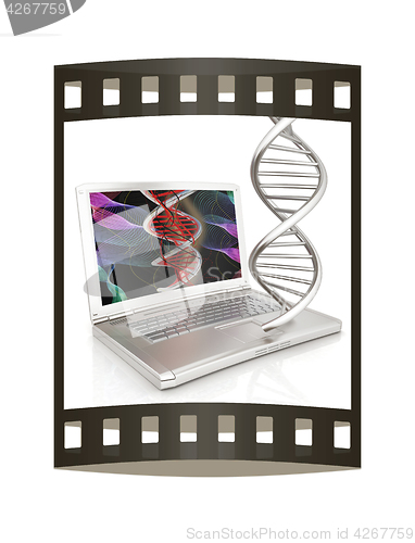 Image of Laptop with dna medical model background on laptop screen. 3d il