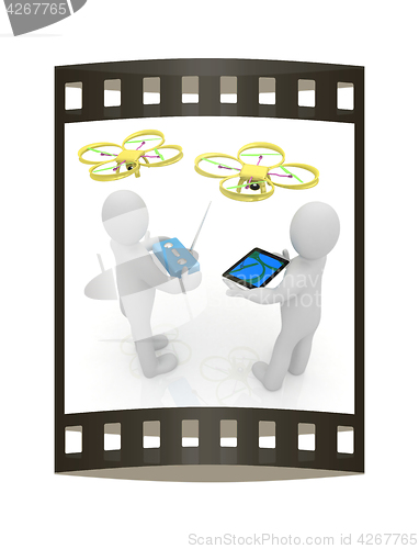 Image of 3d white people. Man flying a white drone with camera. 3D render