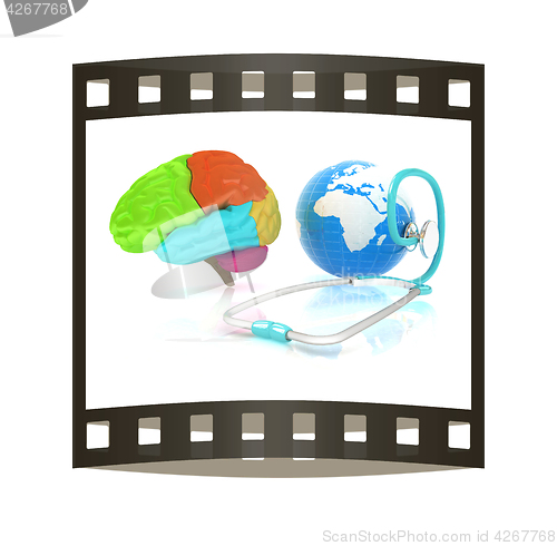 Image of stethoscope, globe, brain - global medical concept. 3d illustrat