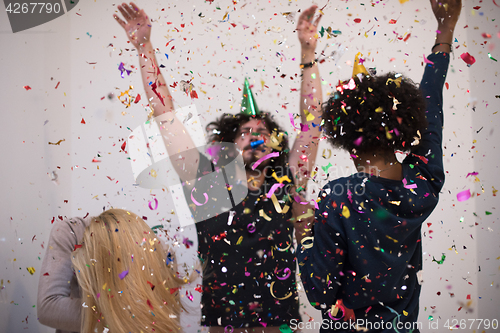 Image of confetti party multiethnic group of people