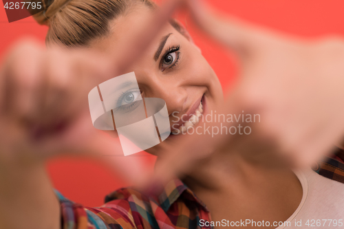 Image of young woman over color background