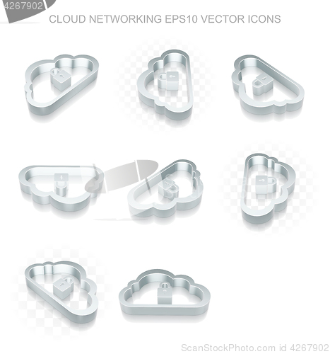 Image of Cloud networking icons set: different views of metallic Cloud With Padlock, transparent shadow, EPS 10 vector.