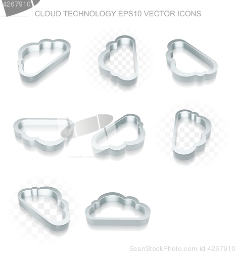 Image of Cloud computing icons set: different views of metallic Cloud, transparent shadow, EPS 10 vector.