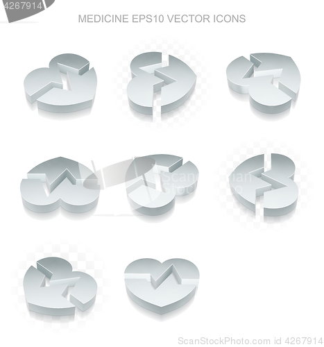 Image of Medicine icons set: different views of metallic Heart, transparent shadow, EPS 10 vector.