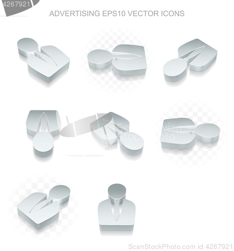 Image of Advertising icons set: different views of metallic Business Man, transparent shadow, EPS 10 vector.