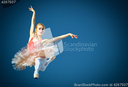 Image of Beautiful female ballet dancer on a grey background. Ballerina is wearing pink tutu and pointe shoes.