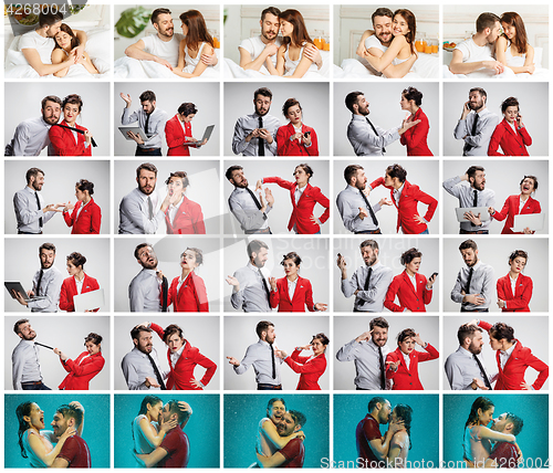 Image of The collage about lifestile of young businessman and businesswoman with different emotions