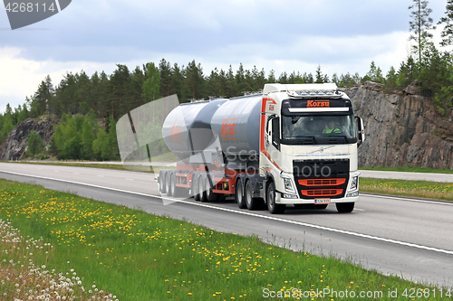 Image of Volvo FH Tank Truck Trucking in Summer Scenery