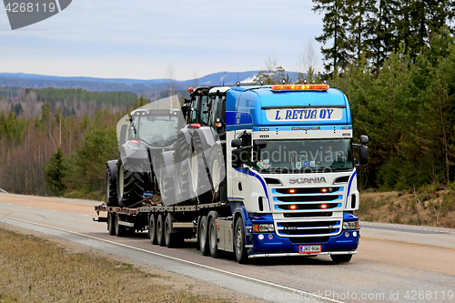 Image of Scania Semi Trailer Hauls Farm Tractors