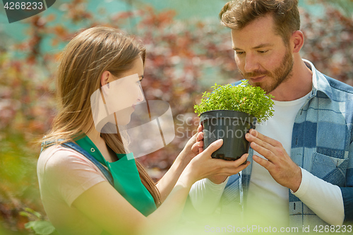 Image of Man smelling potted plant