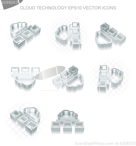 Image of Cloud technology icons set: different views of metallic Cloud Network, transparent shadow, EPS 10 vector.