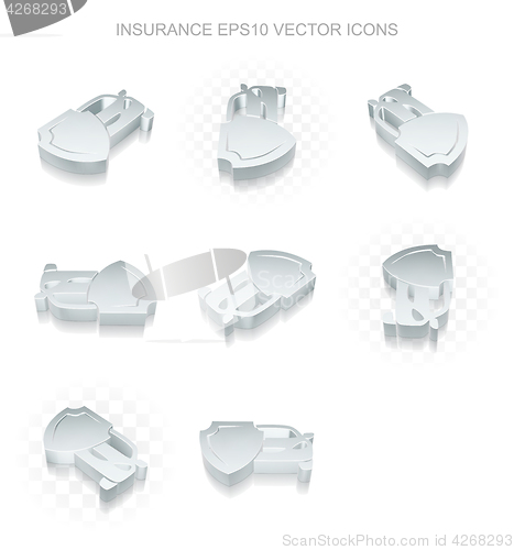 Image of Insurance icons set: different views of metallic Car And Shield, transparent shadow, EPS 10 vector.