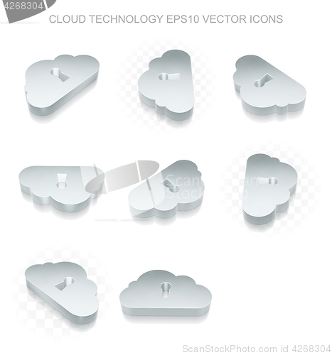 Image of Cloud computing icons set: different views of metallic Cloud With Keyhole, transparent shadow, EPS 10 vector.