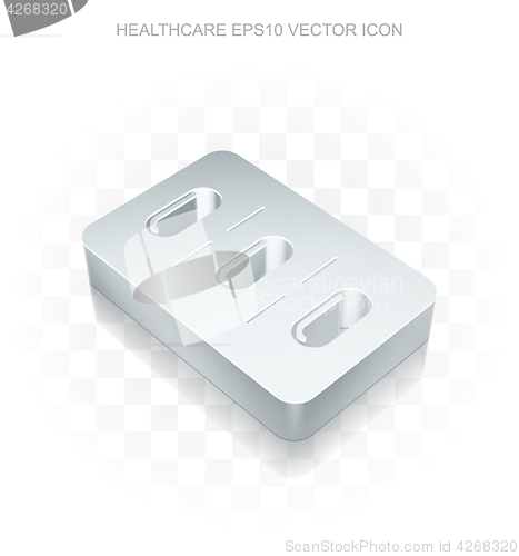 Image of Medicine icon: Flat metallic 3d Pills Blister, transparent shadow, EPS 10 vector illustration.