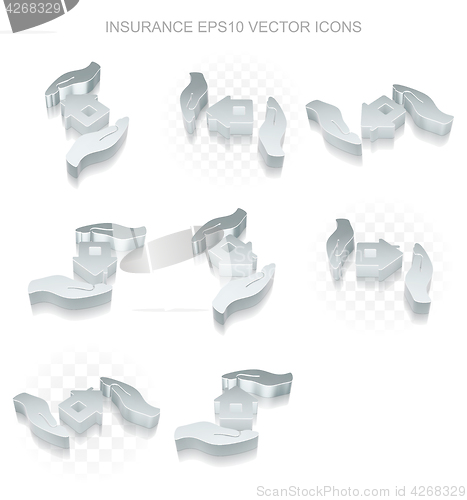 Image of Insurance icons set: different views of metallic House And Palm, transparent shadow, EPS 10 vector.
