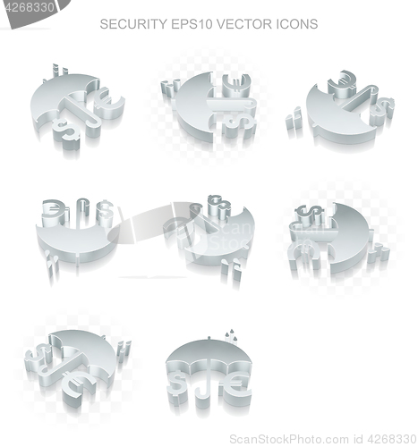 Image of Security icons set: different views of metallic Money And Umbrella, transparent shadow, EPS 10 vector.