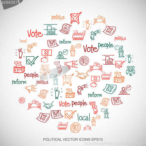 Image of Multicolor doodles Hand Drawn Politics Icons set on White. EPS10 vector illustration.
