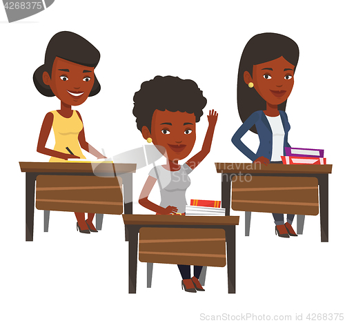 Image of Student raising hand in class for an answer.