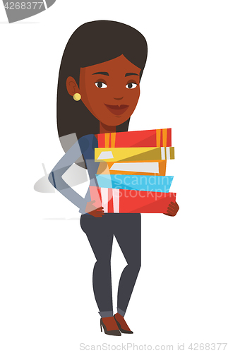 Image of Woman holding pile of books vector illustration.