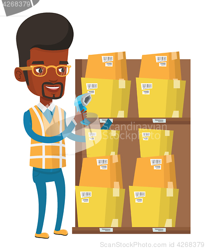 Image of Warehouse worker scanning barcode on box.