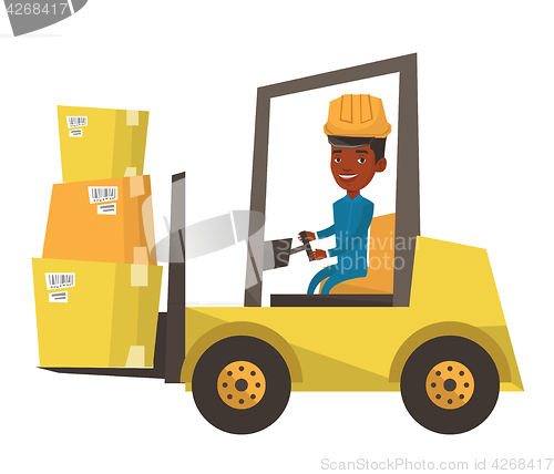 Image of Warehouse worker moving load by forklift truck.