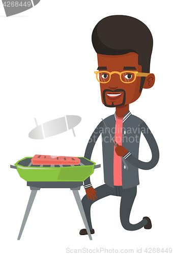 Image of Man cooking meat on barbecue vector illustration.