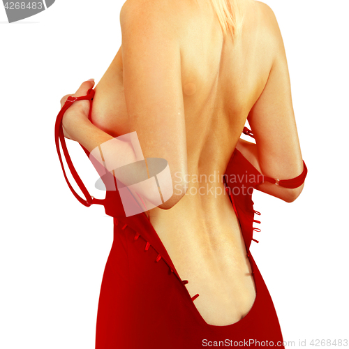 Image of back of woman in red dress  l