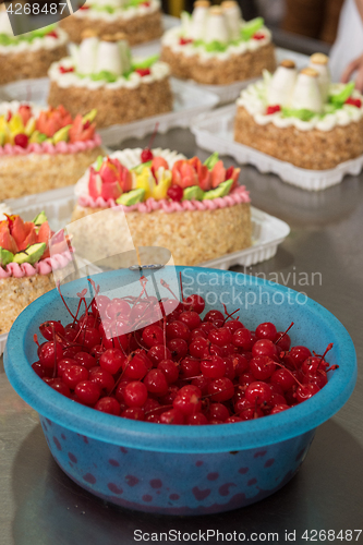 Image of Bowl of cherry on cake production