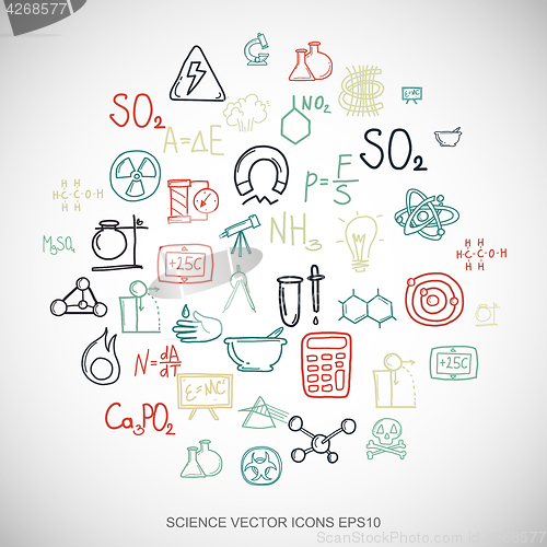 Image of Multicolor doodles Hand Drawn Science Icons set on White. EPS10 vector illustration.