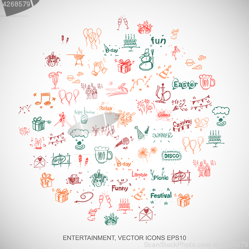 Image of Multicolor doodles Hand Drawn Holiday Icons set on White. EPS10 vector illustration.