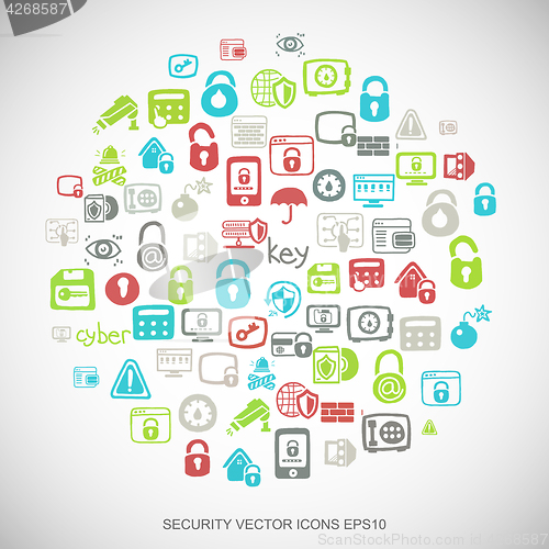 Image of Multicolor doodles Hand Drawn Security Icons set on White. EPS10 vector illustration.