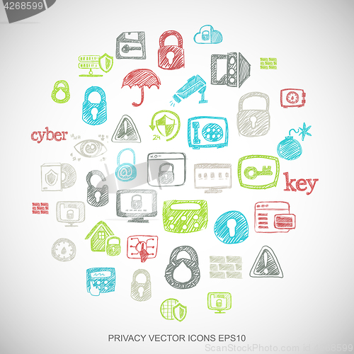 Image of Multicolor doodles Hand Drawn Security Icons set on White. EPS10 vector illustration.