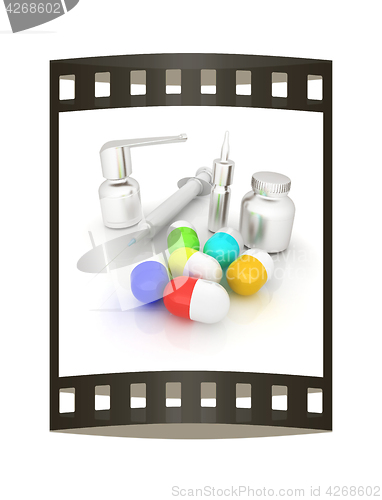 Image of Syringe, tablet, pill jar. 3D illustration. The film strip