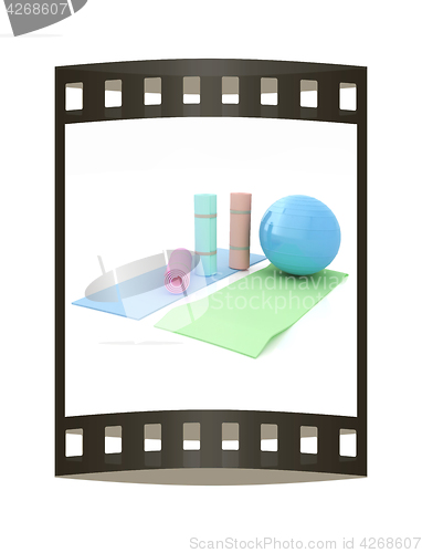 Image of karemat and fitness ball. 3D illustration. The film strip