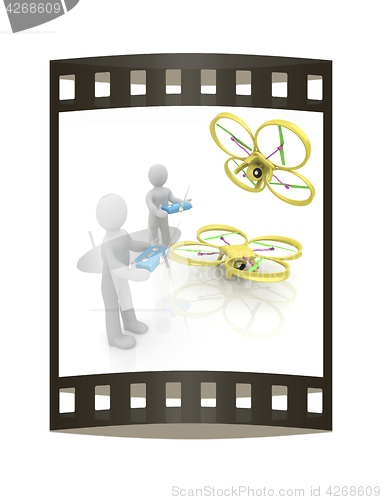 Image of 3d man with drone, quadrocopter, with photo camera. 3d render. 3