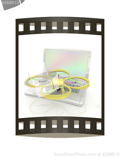 Image of Drone and laptop. 3D render. The film strip