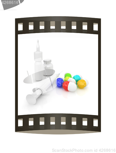 Image of Syringe, tablet, pill jar. 3D illustration. The film strip