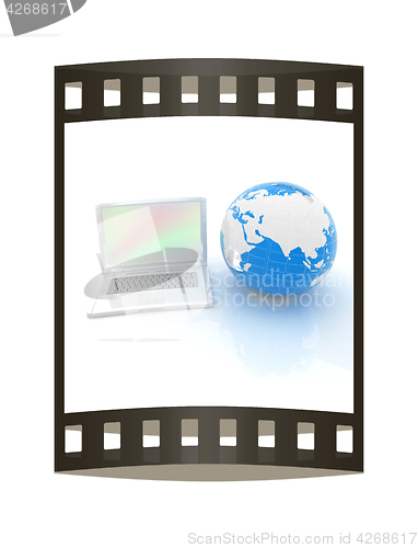 Image of Laptop and Earth. 3d illustration. The film strip