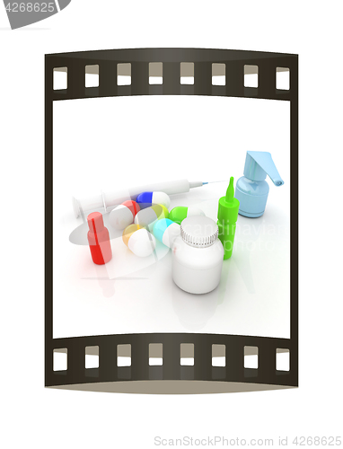 Image of Syringe, tablet, pill jar. 3D illustration. The film strip