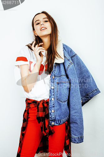 Image of young pretty stylish hipster girl posing emotional isolated on white background happy smiling cool smile, lifestyle people concept