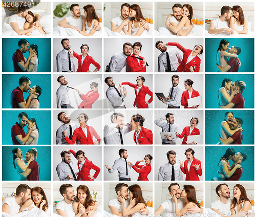 Image of The collage about lifestile of young businessman and businesswoman with different emotions